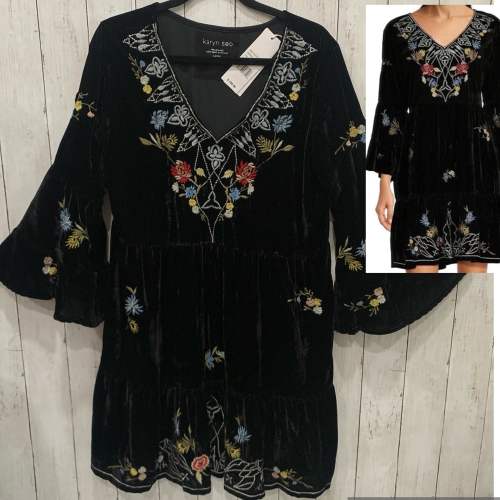 Karyn Seo Women's Size Large Black Embroidered Velvet Frida Dress Long Sleeves